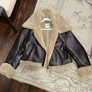 ZARA Brown Faux Shearling Moto Jacket (Size Small)